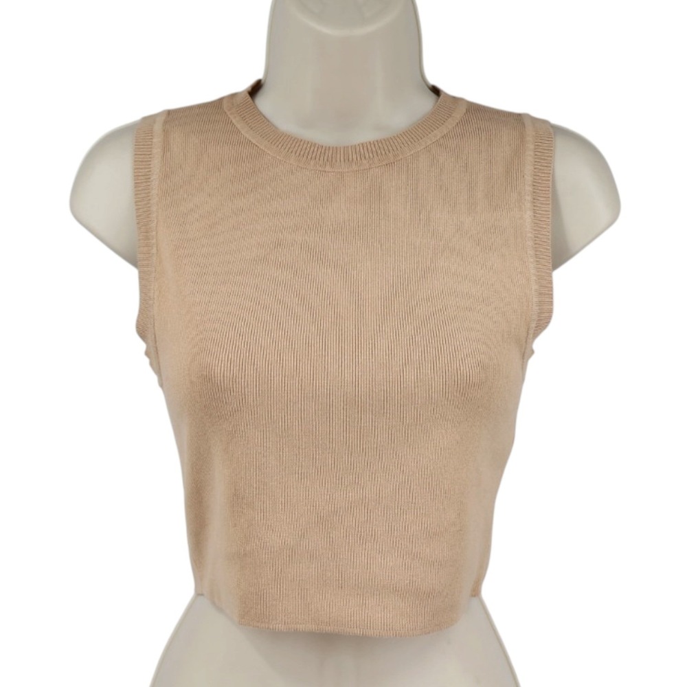 Zara Beige Knit Crop Tank Top Sleeveless Stretch Sweater Shell Size M